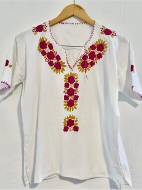 Women's Hand Embroidered Cotton V-Neck Top with Vibrant Pink & Gold Floral Motif